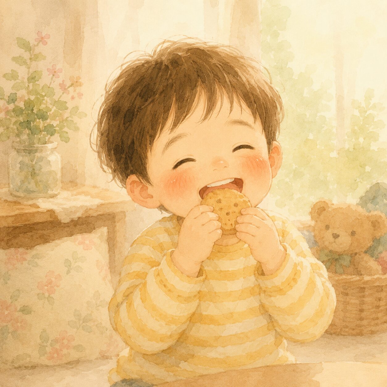 クッキーをおいしそうに頬張る2歳の男の子のイラスト