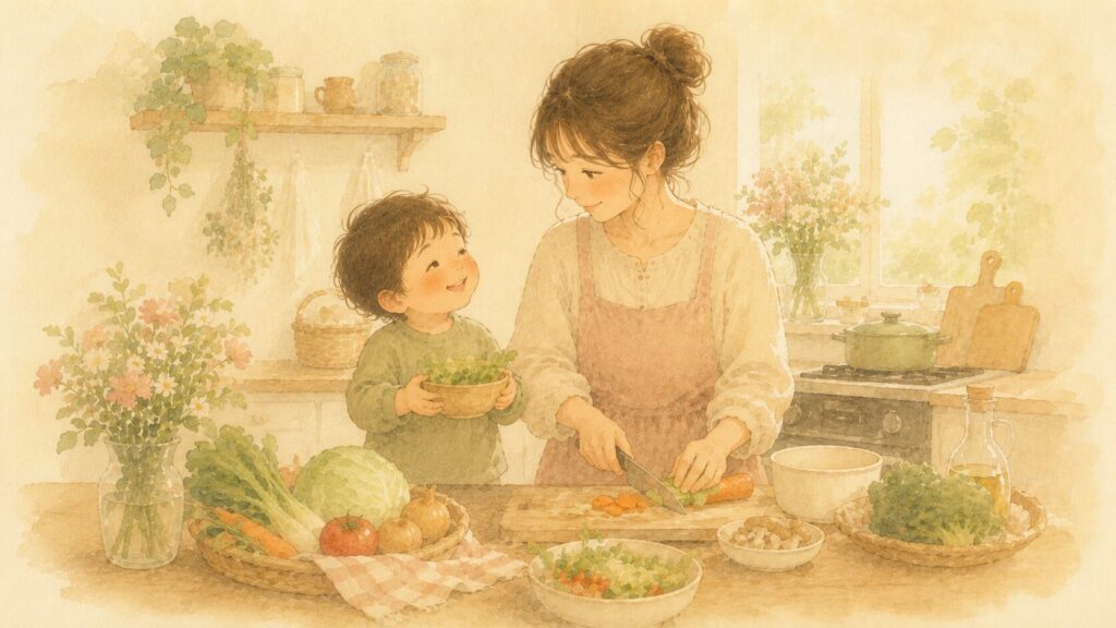 夕飯の準備を手伝う2・3歳の男の子と微笑むママのイラスト