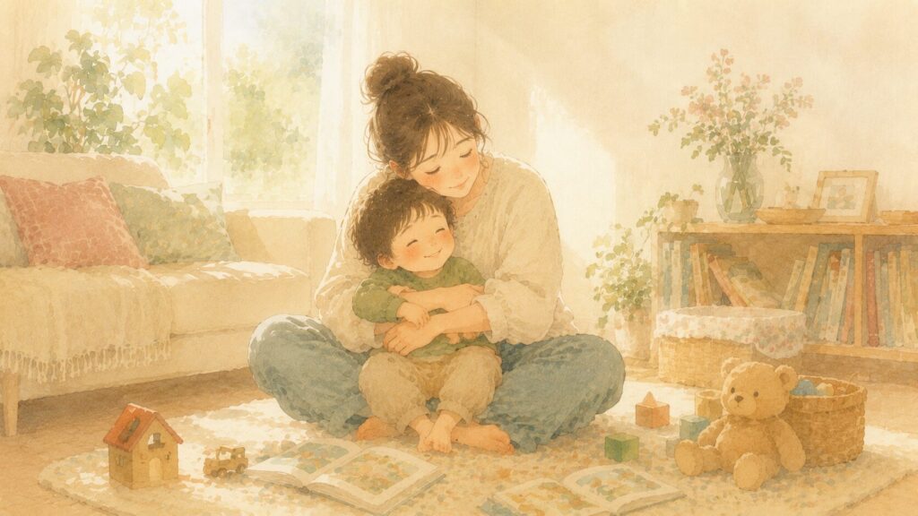 育児に疲れた日も子どもを膝に抱いて笑い合うママのイラスト