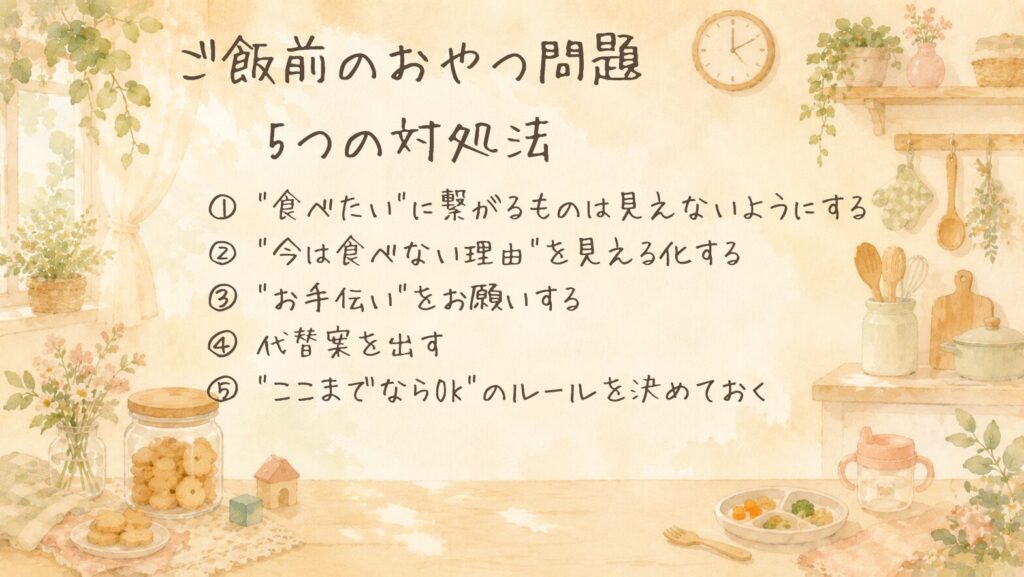 ご飯前におやつを欲しがる時の5つの対処法をまとめた図解