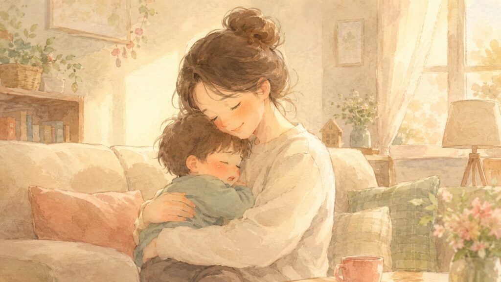 うまくいかない日も子どもを抱きしめてひと息つくママのイラスト