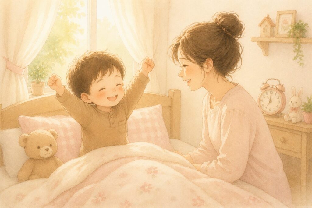 朝、気持ちよく目を覚まして笑顔で向き合う男の子とお母さん