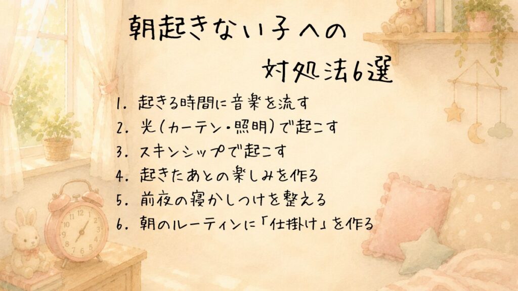 朝起きない子への対処法6選のまとめ図解(音楽を流す/光で起こす/スキンシップ/起きたあとの楽しみ/前夜の寝かしつけを整える/朝のルーティンに仕掛けを作る)