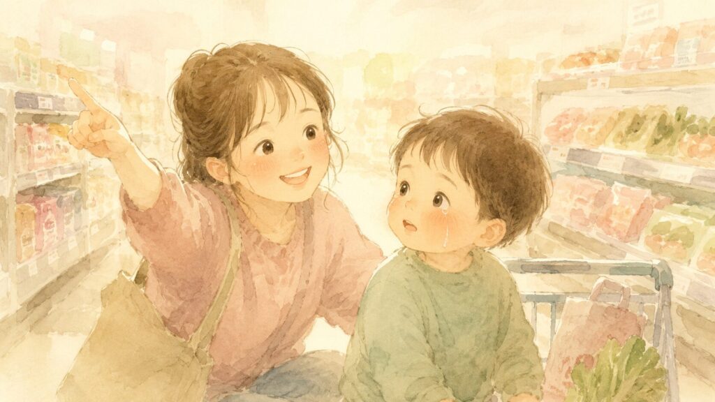 スーパーでママが指さして気をそらし泣き止みかける男の子のイラスト