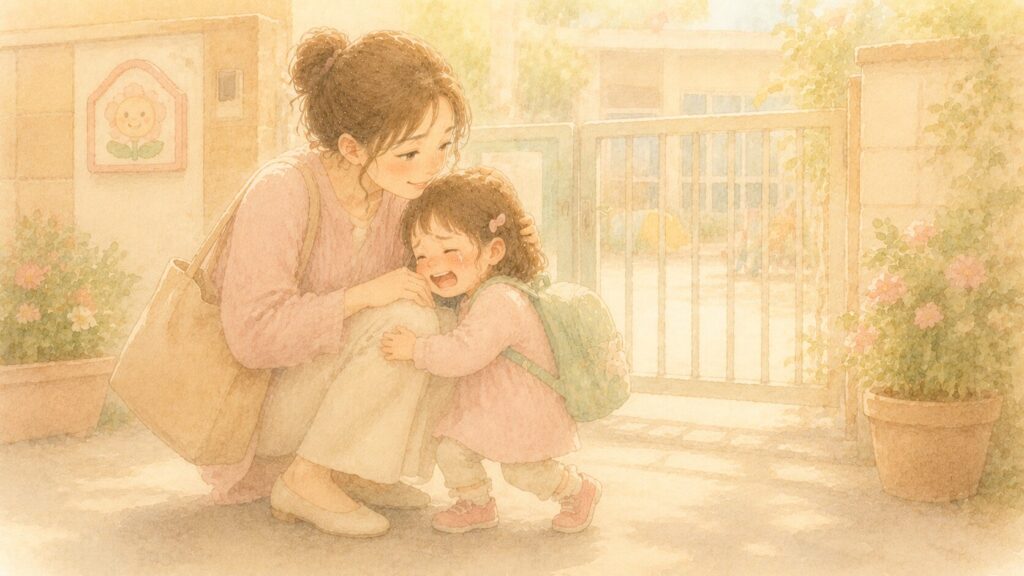 保育園の門の前で行きたくないとママにしがみつく女の子のイラスト