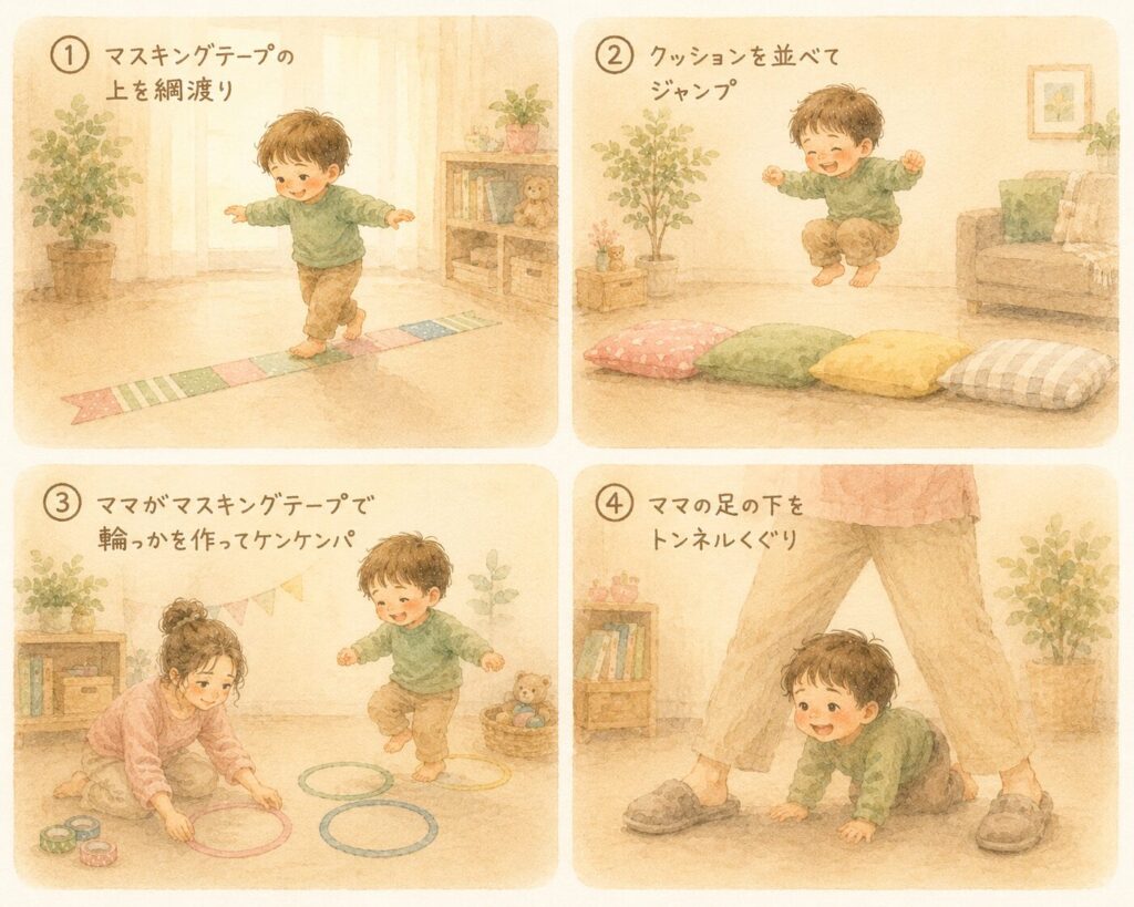 雨の日におうちでできる室内遊び(テープの綱渡り・クッション・輪っかジャンプ・足トンネル)のイラスト