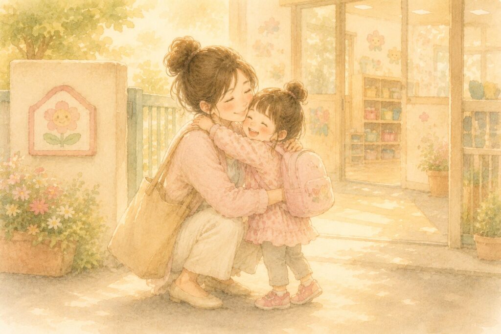 保育園のお迎えで、笑顔でママに抱きつく女の子。登園を嫌がっていた子が笑顔で通えるようになった様子