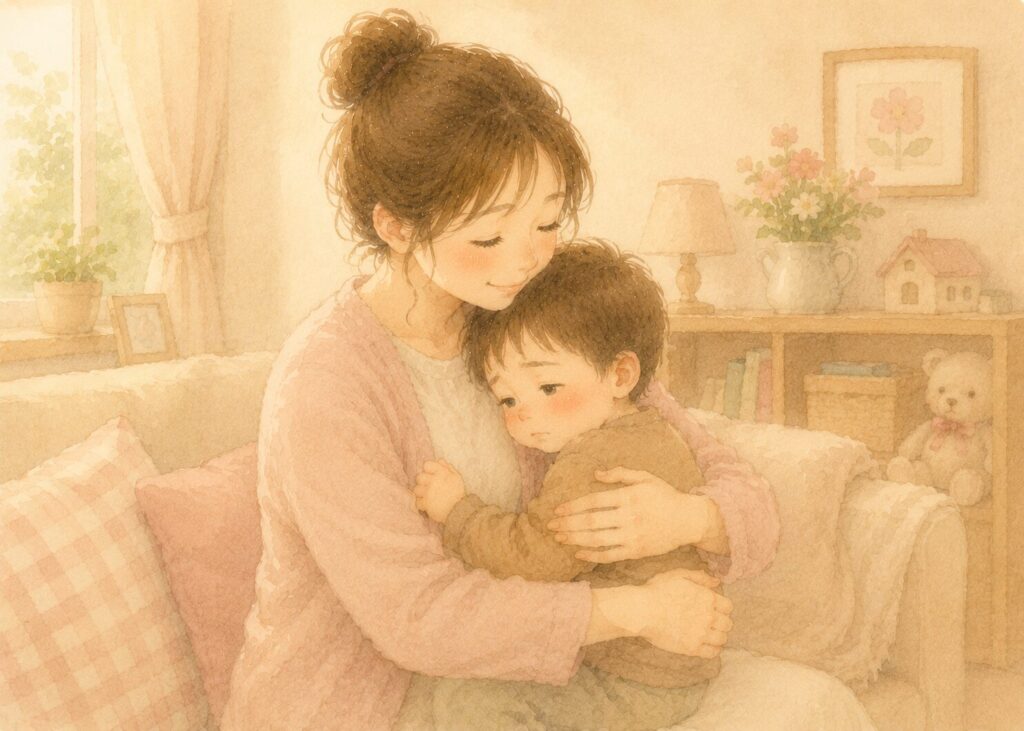 保育園で噛まれて帰ってきた我が子を、そっと抱きしめて慰めるお母さん
