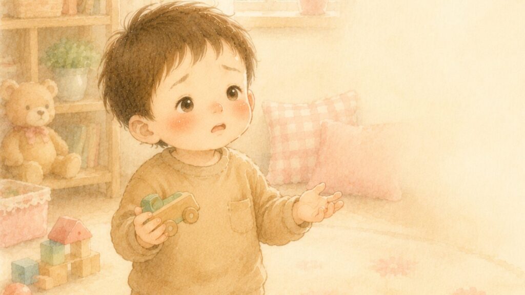 言いたい気持ちをうまく言葉にできず、困った表情をする1〜2歳の男の子