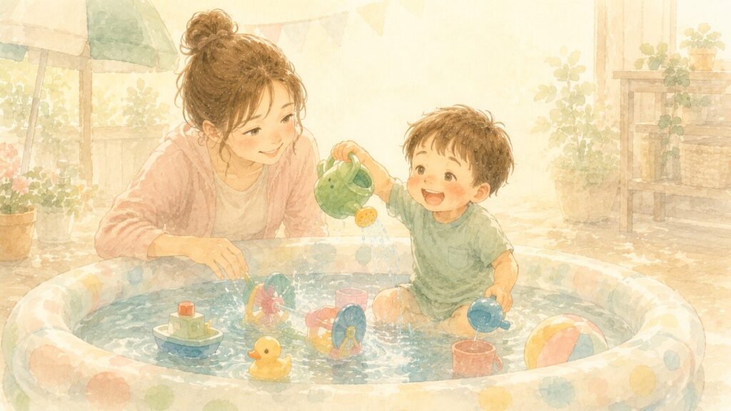 庭のビニールプールでじょうろやおもちゃで笑顔で水遊びする男の子とママのイラスト