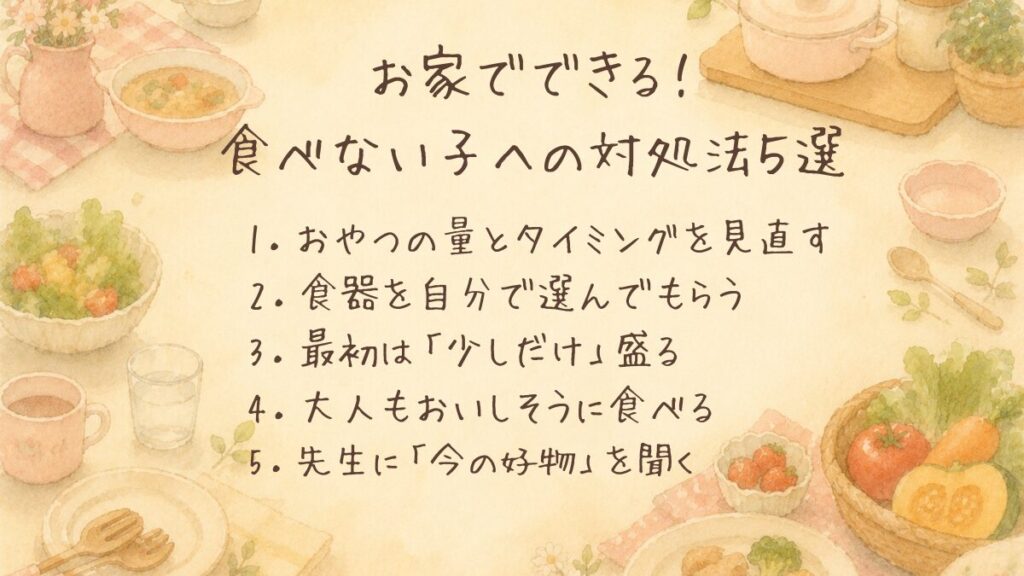 2・3歳のご飯を食べない子への家でできる対処法5選のまとめ図解(おやつの量とタイミング/食器を自分で選ぶ/最初は少しだけ盛る/大人もおいしそうに食べる/先生に今の好物を聞く)