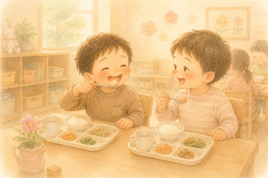 少しごはんが食べられて、笑顔で喜ぶ男の子とお母さん
