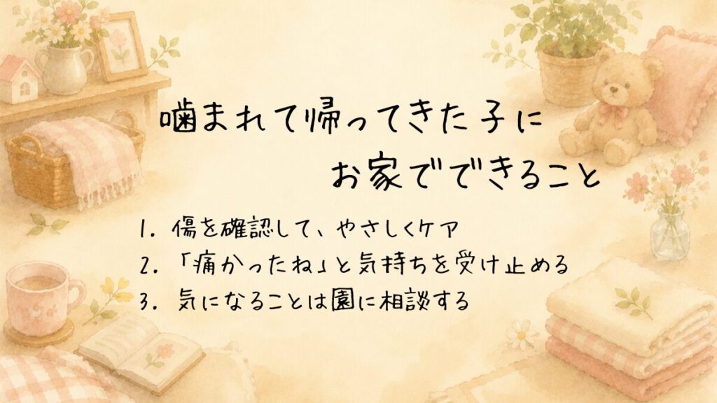 保育園で噛まれた後おうちでできること3つのまとめ図解（傷のケア／「痛かったね」と受け止める／気になることは園に相談）