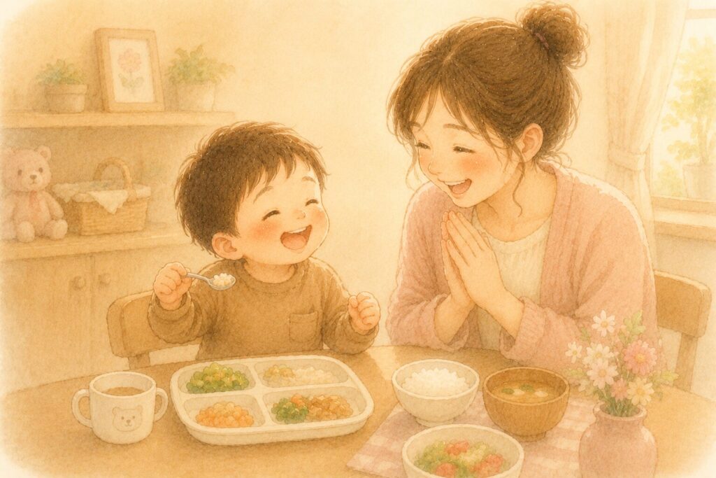 少しごはんが食べられて、笑顔で喜ぶ男の子とお母さん