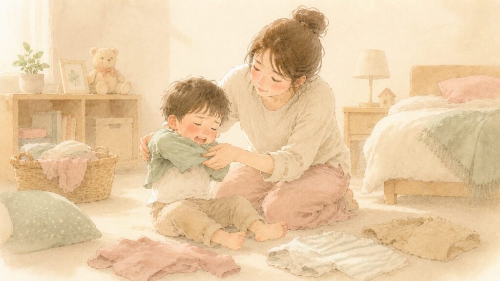 着替えで泣く2・3歳の男の子にそっと寄り添って手伝うママのイラスト