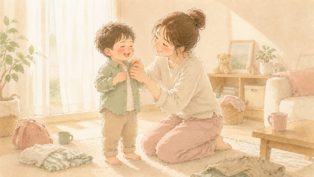 着替えの仕上げを笑顔で手伝ってもらう2・3歳の男の子とママのイラスト