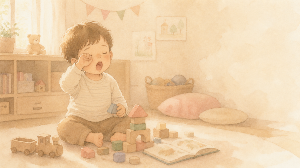 遊んでいる途中に眠そうにあくびをする男の子。お昼寝前の"眠いサイン"の様子を表した水彩イラスト