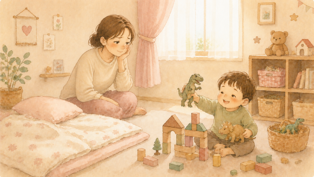 お昼寝の時間なのに、恐竜のおもちゃや積み木で元気に遊ぶ子どもと、お布団のそばで見守るママの水彩イラスト