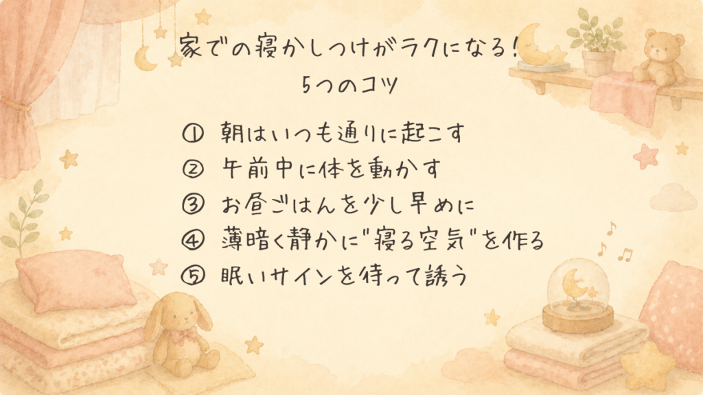 家での寝かしつけがラクになる5つのコツをまとめた図解（朝はいつも通りに起こす／午前中に体を動かす／お昼ごはんを少し早めに／薄暗く静かに寝る空気を作る／眠いサインを待って誘う）