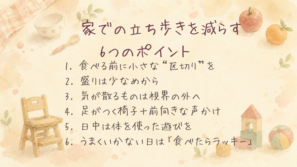 家での食事の立ち歩きを減らす6つのポイントのまとめ図解