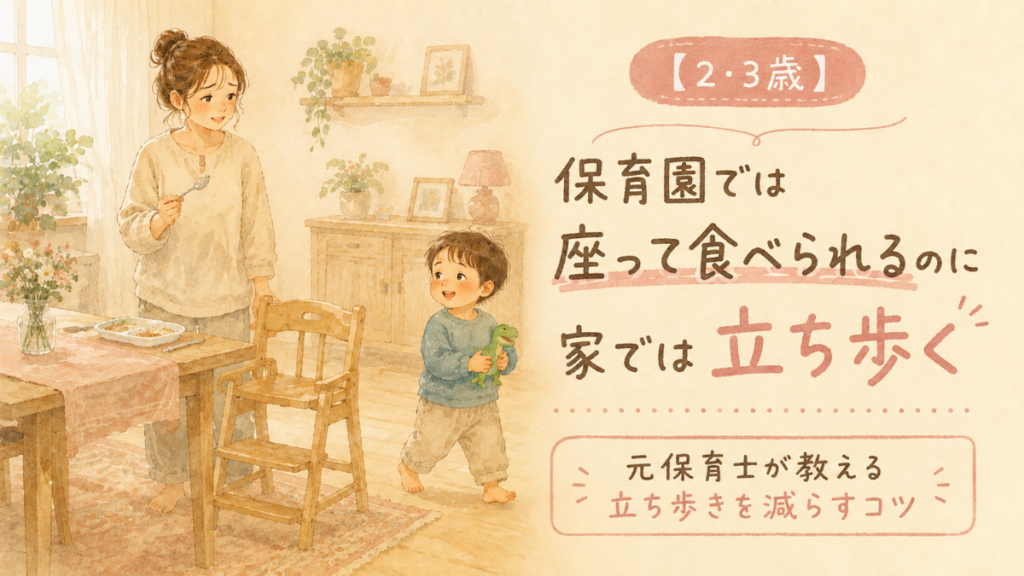 食事の途中で席を立ち、恐竜のおもちゃを持って歩いていく男の子と、空いた子ども用の椅子の横で困ったように見守るママ